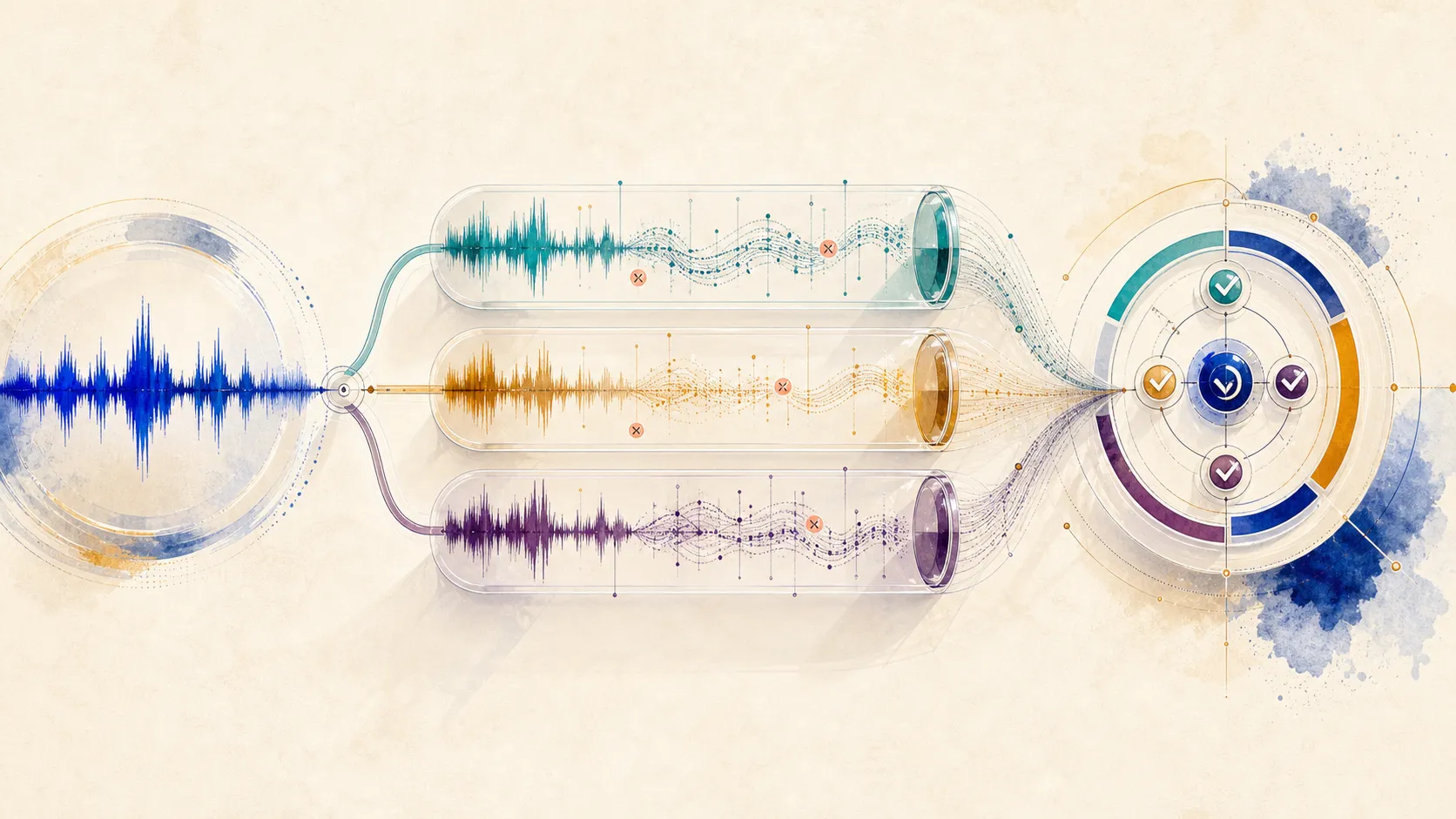 The same call audio passing through several speech-to-text lanes into one evidence-based comparison scorecard